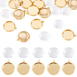Real 18K Gold Plated 12Pcs Brass Pendant Cabochon Settings, Long-Lasting Plated, Nickel Free, Flat Round, with 12Pcs Glass Cabochons, Real 18K Gold Plated, Tray: 12mm, 16x14x1.5mm, Hole: 1.2mm