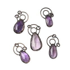 Аметист Природный аметист большие кулоны, подвески-слезинки из латуни с соединительными кольцами, Красная медь, 45~58.5x26x10~12 мм, отверстие : 6 мм