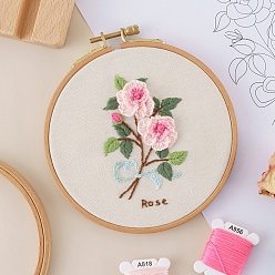 Pink DIY Flower Pattern Embroidery Painting Kits, Including Printed Linen Fabric, Embroidery Thread & Needles, Instruction Book, without Embroidered Stretch, Pink, 95x61mm