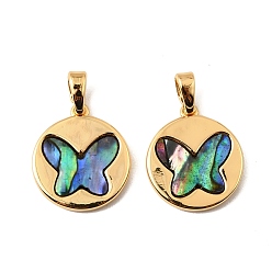 Настоящее золото 18K Натуральная ракушка пауа плоская круглая с подвесками в виде бабочек, с латунной, реальный 18 k позолоченный, 16x14x2 мм, отверстие : 5x2 мм