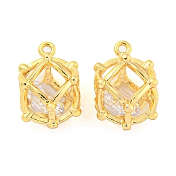 Real 18K Gold Plated Brass Pave Cubic Zirconia Pendants, Round, Clear, Real 18K Gold Plated, 13x9x9mm, Hole: 1mm