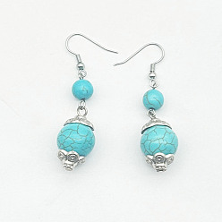 Круглые Серьги-подвески из цинкового сплава с синтетической бирюзой, серебряные, круглые