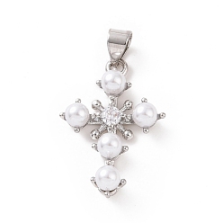 Platinum Brass Micro Pave Cubic Zirconia Pendants, with ABS Imitation Pearl, Religion Cross Charm, Platinum, 25x16x5mm, Hole: 3.5x5mm