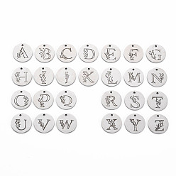 Letter A~Z Anlaufgeschützt 304 Charms aus Edelstahl, Laserschnitt, gestaltete Blume & Buchstabe graviert, flach rund mit Alphabet, Edelstahl Farbe, Buchstabe a ~ z, 14x1 mm, Bohrung: 1.2 mm, ca. 26 Stk. / Set