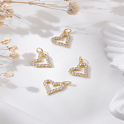 Real 18K Gold Plated 4Pcs Rack Plating Brass Micro Pave Clear Cubic Zirconia Pendants, Heart Charms, with Jump Ring, Long-Lasting Plated, Lead Free & Cadmium Free, Real 18K Gold Plated, 12.5x11.5x2.5mm, Hole: 3mm