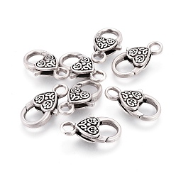 Thailand Sterling Silver Plated Tibetan Style Heart Lobster Claw Clasps, Cadmium Free & Nickel Free & Lead Free, Thailand Sterling Silver Plated, 26.5x14x6mm, Hole: 4mm
