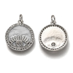 Plaqué Platine Véritable Pendentifs en laiton zircon cubique transparent, plaqué longue durée, avec anneaux et émail, plat rond avec des yeux, Platine plaqué, 18x16x2.7mm, Trou: 3.2mm