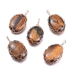 Tiger Eye Natural Tiger Eye Pendants, Wire Wrapped Pendants, with Rose Gold Plated Brass Wire, Oval, 42.5x23x10mm, Hole: 5x7mm