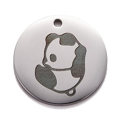 Stainless Steel Color Non-Tarnish Stainless Steel Pendants, Manual Polishing, Flat Round with Panda, Stainless Steel Color, 20x1.4mm, Hole: 1.6mm