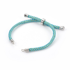 Cyan Adjustable Nylon Cord Slider Bracelet Making, with Brass Findings, Long-Lasting Plated, Real Platinum Plated, Cyan, 8-5/8 inch(22cm), 2~3.5mm, Hole: 1.5mm