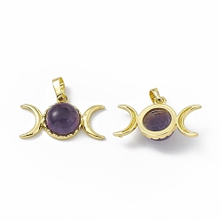 Amethyst Natural Amethyst Pendants, Triple Moon Charms, with Golden Tone Rack Plating Brass Findings, Cadmium Free & Lead Free, 15x26x7mm, Hole: 6.5x4mm