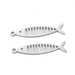 Stainless Steel Color 304 Stainless Steel Pendants, Fish Charms, Stainless Steel Color, 28x6x1.3mm, Hole: 1.4mm