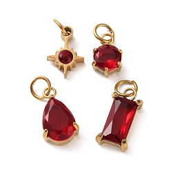 Red 4Pcs 4 Styles 304 Stainless Steel & Glass Pendants, Star & Flat Round & Teardrop & Rectangle, with Jump Ring, Faceted, Ion Plating(IP), Long-Lasting Plated, Red, 10~14x6.5~8x3~5mm, Hole: 3mm