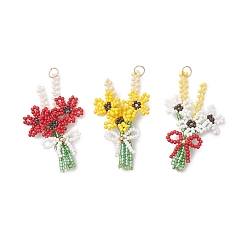 Color mezclado 3pcs 3d Ramo de cuentas de vidrio con colgantes de lazo, con 304 anillos de salto abiertos de acero inoxidable, dorado, color mezclado, 54.5x33.5x8 mm, agujero: 5 mm