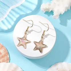 Звезда Естественно Paua оболочки болтаться серьги, с 304 нержавеющей стали серьги крючки, золотые, звезда, 36x16 мм
