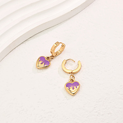Фиолетовый Элегантные серьги-кольца из нержавеющей стали в форме сердца, реальный 18 k позолоченный, фиолетовые, 32x12 мм