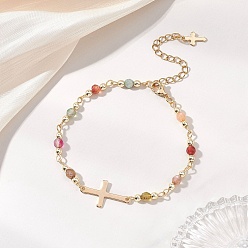 Натуральный Агат 304 браслеты из нержавеющей стали с крошечными поперечными связями, браслеты из натуральных бусин агата для женщин, с Гальваническим немагнитных синтетическими гематита бисера, 6.89~7.09 дюйм (17.5~18 см)