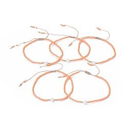 Light Salmon Adjustable Nylon Cord Braided Bead Bracelets, with Japanese Seed Beads and Pearl, Light Salmon, 2 inch~2-3/4 inch(5~7.1cm)