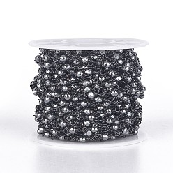 Gunmetal Handmade Non-magnetic Synthetic Hematite Beaded Chains, Unwelded, with Brass Findings, with Spool, Faceted, Round, Black, Gunmetal, 3mm, about 32.8 Feet(10m)/roll
