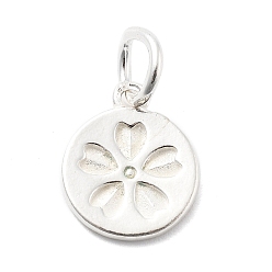 Плоский Круглый 925 серебряные шармы, плоский круглый с сакурой, с 925 штампом и соединительными кольцами, серебряный цвет гальваническим, плоско-круглые, 12x9.5x1 мм, отверстие : 4 мм