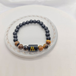 Letter M Браслеты из натурального тигрового глаза и черного обсидиана с круглыми бусинами, колонка с буквой украшения для женщин мужчин, Буква М, 7-1/8 дюйм (18 см)