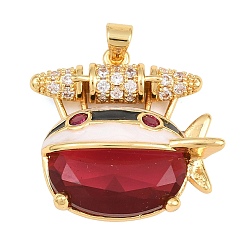 Red Brass Micro Pave Cubic Zirconia Pendants, with Enamel & Glass, Airship Shape Charms, Cadmium Free & Lead Free, Rack Plating, Long-Lasting Plated, Golden, Red, 24.5x26.5x10.5mm, Hole: 3.5x4mm