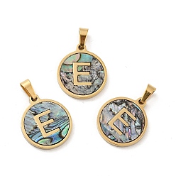 Letter E Вакуумное покрытие pvd 304 нержавеющая сталь с подвесками из ракушек пауа, золотые, плоский круглый с подвеской в виде буквы, letter.e, 18x16x1.5 мм, отверстие : 3x6 мм