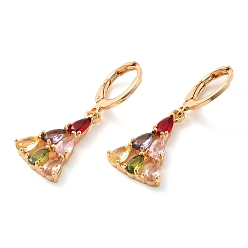 Colorful Rack Plating Golden Brass Dangle Leverback Earrings, with Cubic Zirconia, Triangle, Colorful, 32x12mm