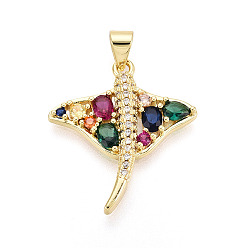 Настоящее золото 18K Латунные микро проложить кубического циркония подвески, амулеты манта скат, реальный 18 k позолоченный, 24x21.5x3.5 мм, отверстие : 3.5x5~5.5 мм