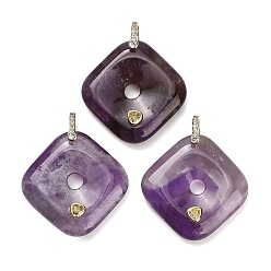 Amethyst Natural Amethyst Pendants, Rhombus Charms, with Brass Pave Cubic Zirconia Findings, Golden, 35~35.5x35~35.5x8~8.5mm, Hole: 5x6mm