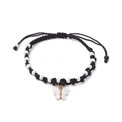 Черный Регулируемые акриловые браслеты с подвесками в форме бабочки, круглые стеклянные бусины плетеные браслеты для женщин, чёрные, внутренний диаметр: 2~3-1/2 дюйм (5.1~8.9 см)