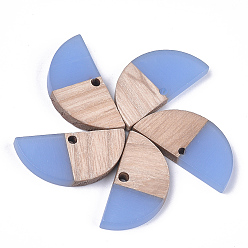 Cornflower Blue Resin & Wood Semi Circle Pendants, Half Round, Cornflower Blue, 14x28x3~3.5mm, Hole: 2mm