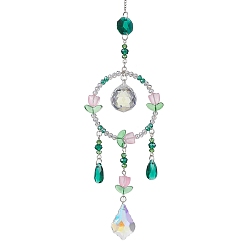 Stainless Steel Color Flower Glass Pendant Decorations, with 304 Stainless Steel Cable Chains, Stainless Steel Color, 292mm