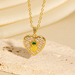 Ананас Подвеска в виде сердца из латуни с микропаве, прозрачными кубическими циркониями и желтой эмалью, для женщин., золотые, ананас, 15.75 дюйм (40 см)