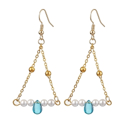 Medium Turquoise Triangle Iron Chain and Glass Dangle Earrings, Golden, Medium Turquoise, 65x29mm