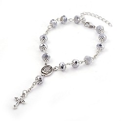 Platinum Plated Electroplate Glass Charm Bracelets, with Metal Findings, Cross & Oval with Goddess, Platinum Plated, 8-1/8 inch(20.5cm), 8mm
