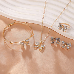 Золотой Серьги-гвоздики со стразами и кольцами в виде банта, ожерелья и браслеты для женщин, золотые, Ожерелья: 450 mm