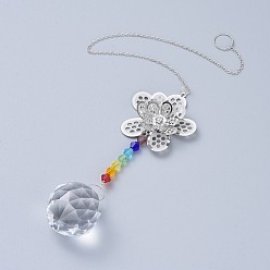 Clear Crystals Chandelier Suncatchers Prisms Chakra Hanging Pendant, with Iron Cable Chains, Glass Beads, Glass Rhinestone and Brass Pendants, Flower with Round, Clear, 350mm
