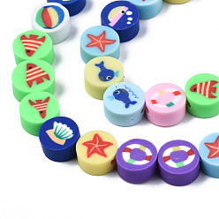 Mixed Color Handmade Polymer Clay Beads Strands, Flat Round, Mixed Color, 9.5x5mm, Hole: 1.6mm, about 40pcs/strand, 14.57 inch~14.76 inch(37cm~37.5cm)