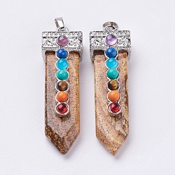 Пейзажный Джаспер Естественная картина яшмы с синтетической и натуральной смешанной каменной чакры большие подвески, меч, платина, 57~60x16.5x12 мм, отверстие : 5 мм