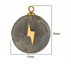 Лабрадорита Природные подвески лабрадорита, плоские круглые прелести, с молнией из нержавеющей стали золотистого цвета, 18~19x15x3.7~4.1 мм