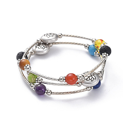 Mixed Stone Three Loops Wrap Bracelets, with Natural & Synthetic Mixed Stone Beads, Flat Round with Lotus Alloy Beads, Round Iron Spacer Beads, Brass Tube Beads and Burlap Bag, 2 inch(5.2cm)