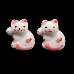 Pink Handmade Porcelain Beads, Bright Glazed Porcelain, Cat Shape, Pink, 17.5~18x15~15.5x13~13.5mm, Hole: 2.5mm