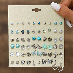 Бледно-бирюзовый 30пары комплектов серег-гвоздиков из сплава и пластика с имитацией жемчуга и страз, золотые, бледные бирюзовая, 108x115 мм