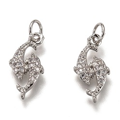 Platinum Brass Micro Pave Clear Cubic Zirconia Pendants, Cadmium Free & Lead Free, Long-Lasting Plated, Double Fish, Platinum, 16x8x2mm, Hole: 3mm