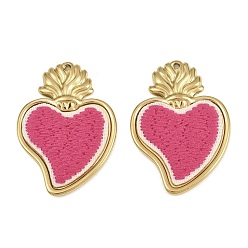 Real 18K Gold Plated 304 Stainless Steel & Embroidered Pendants, Sacred Heart Charms, Camellia, Ion Plating(IP), Long-Lasting Plated, Real 18K Gold Plated, 35x24x3mm, Hole: 1.2mm