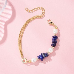 Ляпис-Лазурь Браслеты из бусин с натуральным лазуритом, латунные многослойные браслеты из цепочек-панцирей для женщин, с натуральным культивированным пресноводным жемчугом, 7-1/4~7-3/8 дюйм (18.4~18.8 см)
