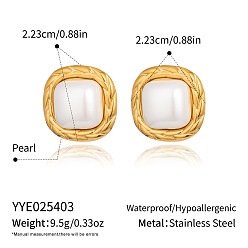 Белый Квадратные серьги-гвоздики из нержавеющей стали, с имитацией жемчуга, реальный 18 k позолоченный, белые, 22.3x22.3 мм