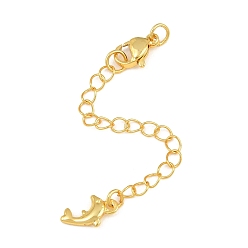Golden Brass Curb Chain Extender, End Chains with Lobster Claw Clasps and Dolphin Charms, Rack Plating, Lead Free & Cadmium Free, Long-Lasting Plated, Golden, 76m, Dolphin: 11.5x6.5x2mm