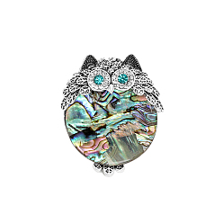Platinum Owl Abalone Shell/Paua Shell Brooch Pins, Alloy Rhinestone Lapel Pins, Platinum, 47x38mm